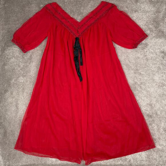 Vintage Red Sheer Chiffon Peignoir Nightgown Lingerie Black Trim Size 40 Small - Picture 1 of 9